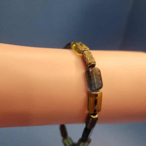 NWT Mens Olivine Picasso Premium Czech Glass Table Cut Bead Stretch Bracelet USA - Picture 2 of 11